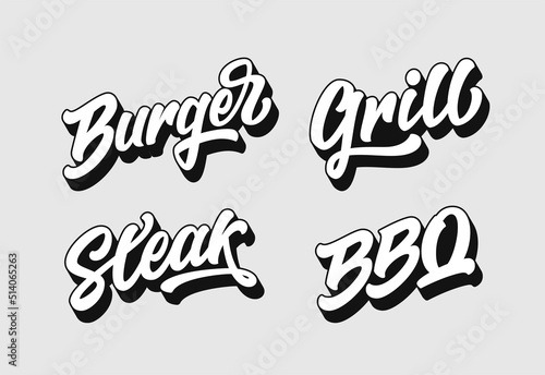 Set of isolated vectors – Burger, Steak, Grill, BBQ. Hand drawn lettering typography, text design element for label, logo, emblem, menu, sticker, badge. Concept for meat restaurant, barbecue bar.