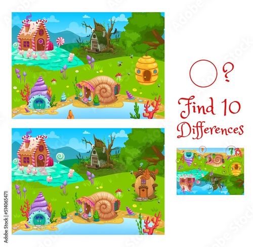 Find differences between fairytale houses kids game worksheet. Children quiz, logical game with matching task. Child find differences riddle, playing activities book vector with fantasy homes