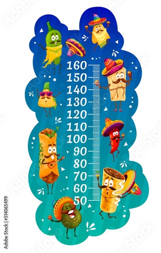 Kids height chart ruler with mexican jalapeno and tamales, nachos and chili pepper, avocado and enchiladas char. Kindergarten child growth meter vector ruler sticker with mexican food funny personages