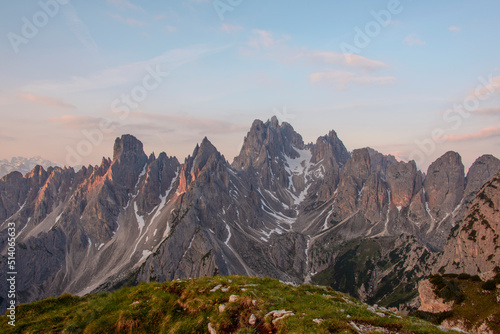 Amazing scenery in the early morning in the mountain range of the Dolomites with high Alpine peaks