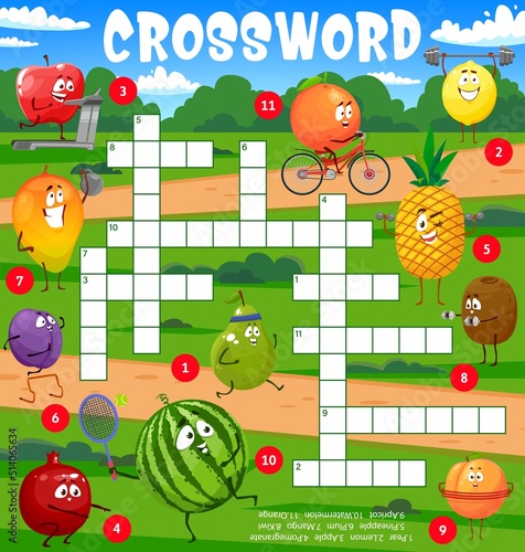 Cartoon fruits characters go in for sports crossword puzzle game grid. Find a word quiz vector worksheet on background of sport area with apple, orange, mango and pineapple, watermelon, kiwi personage photo