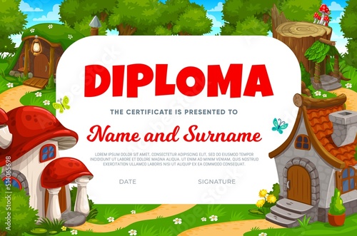 Kids diploma with cartoon stone, mushroom and stump fairy house or dwelling. Graduation certificate with fantasy homes, fairy hut. Education achievement award or celebration invitation vector template