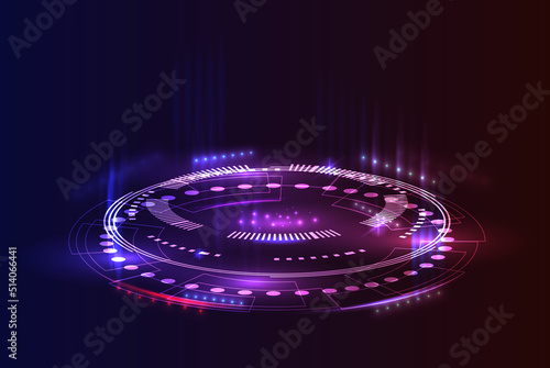Futuristic sci-fi on neon purple background. Purple circle portal with light flares and sparkles.