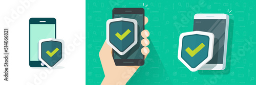 Mobile phone shield icon vector 3d and flat cartoon cellphone safe secure verification concept, smartphone with cyber protection on display screen, safety guard or antivirus graphic image