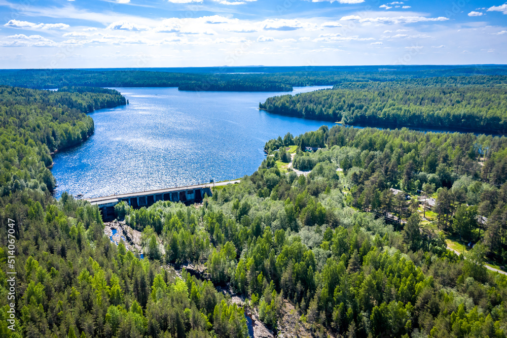 Top view of Dam on the Suna river. Summer landscape iwith forests and lakes of Karelia. Girvas, Russia