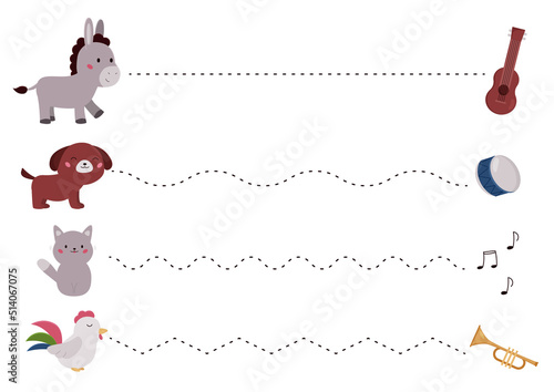 Handwriting practice sheet with Bremen Town Musicians cartoon characters. Educational game for kids. Trace the dotted lines. Connect the dots from animals to their musical instruments.