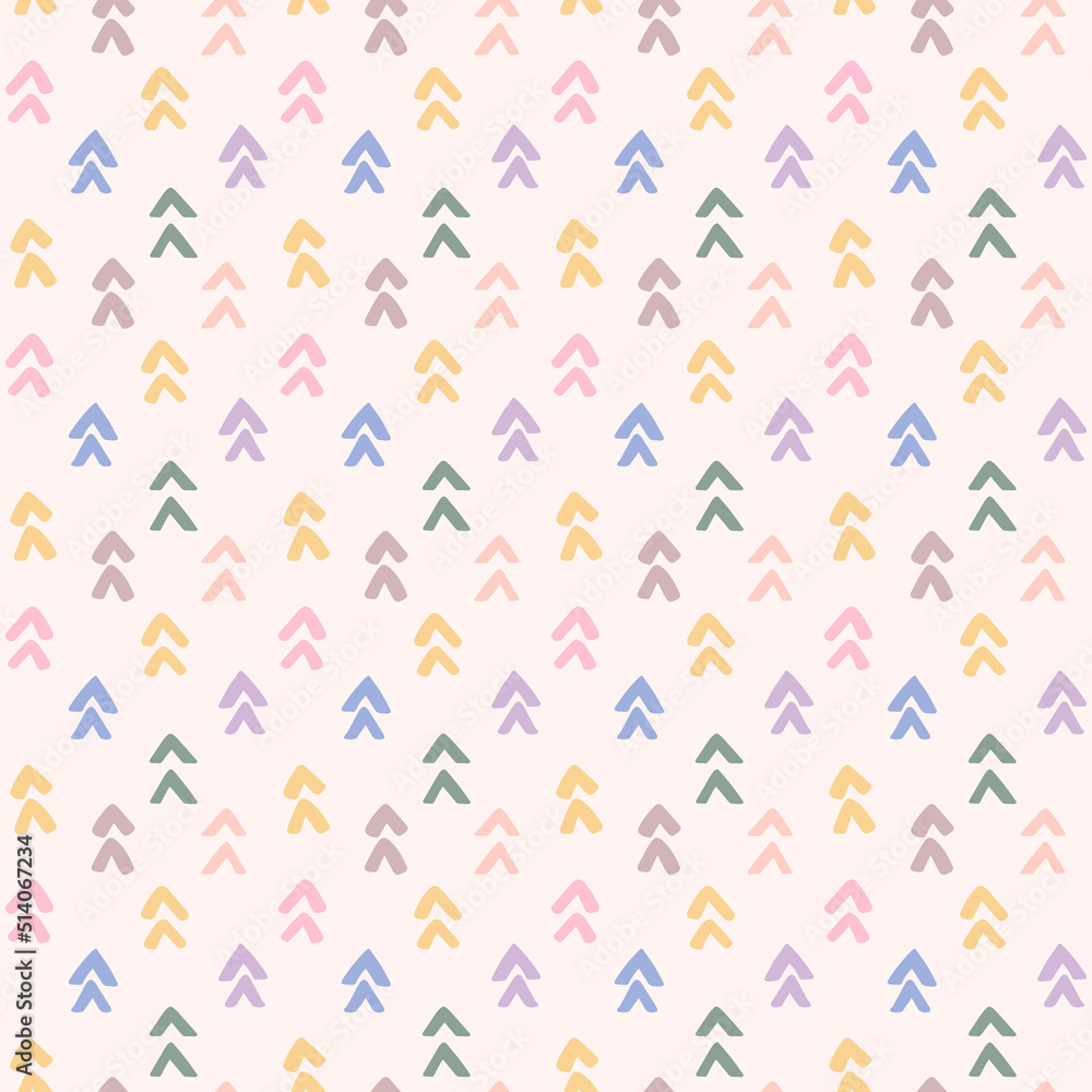 Pastel triangle geometric shapes seamless repeat pattern. Abstract, irregular vector minimalistic organic elements all over surface print on white background.