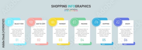 Concept of shopping process with 6 successive steps. Six colorful graphic elements. Timeline design for brochure, presentation, web site. Infographic design layout.
