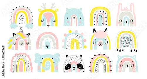 Cute rainbows with animal faces for your design, childish hand drawn elements. Nursery theme,