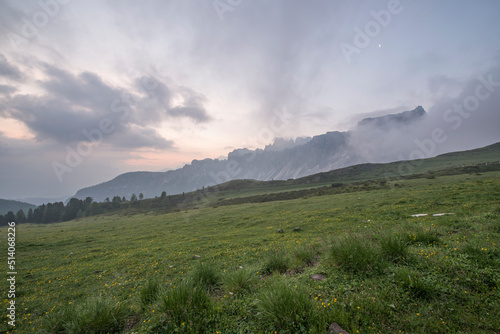Fototapeta Naklejka Na Ścianę i Meble -  Beautiful day in the Italian Dolomites mountains with lakes and pastures. 
