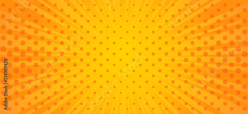 Rectangular orange background with yellow rays and dots.
