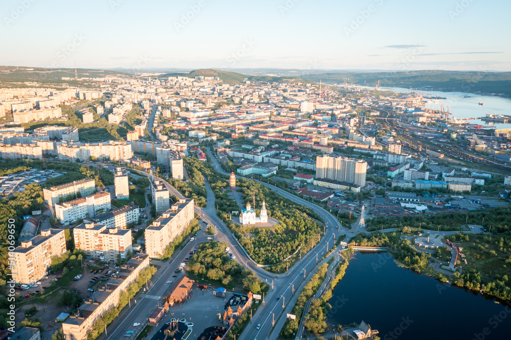 Aerial view of Murmansk in the summer. City beyond the Arctic Circle. Polar day