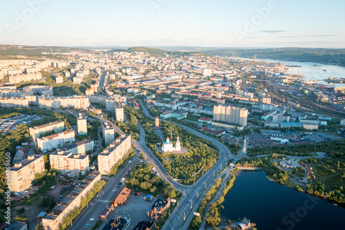 Aerial view of Murmansk in the summer. City beyond the Arctic Circle. Polar day © Alexey Oblov