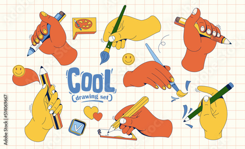 Vector set of illustration hands with objects. Set in the style of 90s, all elements are isolated. Flat hands hold a brush, pen, etc. Colorful image on a white background with pattern.