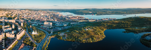 Aerial view of Murmansk in the summer. City beyond the Arctic Circle. Polar day