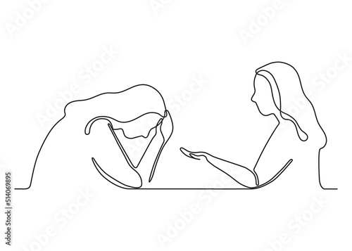Talk, support woman, help conversation in psychological problem, continuous one line drawing. Girl comforts sad friend. Crisis therapy, counselling for people under stress, depression. Vector outline
