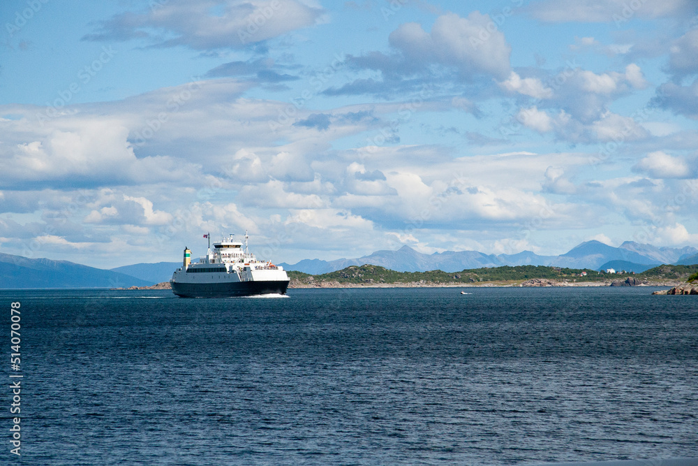 Mountain view an ferry in Hadselfjord , Northern Norway- Europe