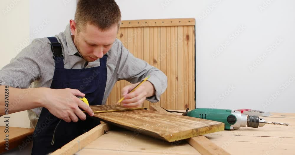 Handyman in blue uniform works with electricity automatic screwdriver. Handyman in blue uniform works with electricity automatic screwdriver.