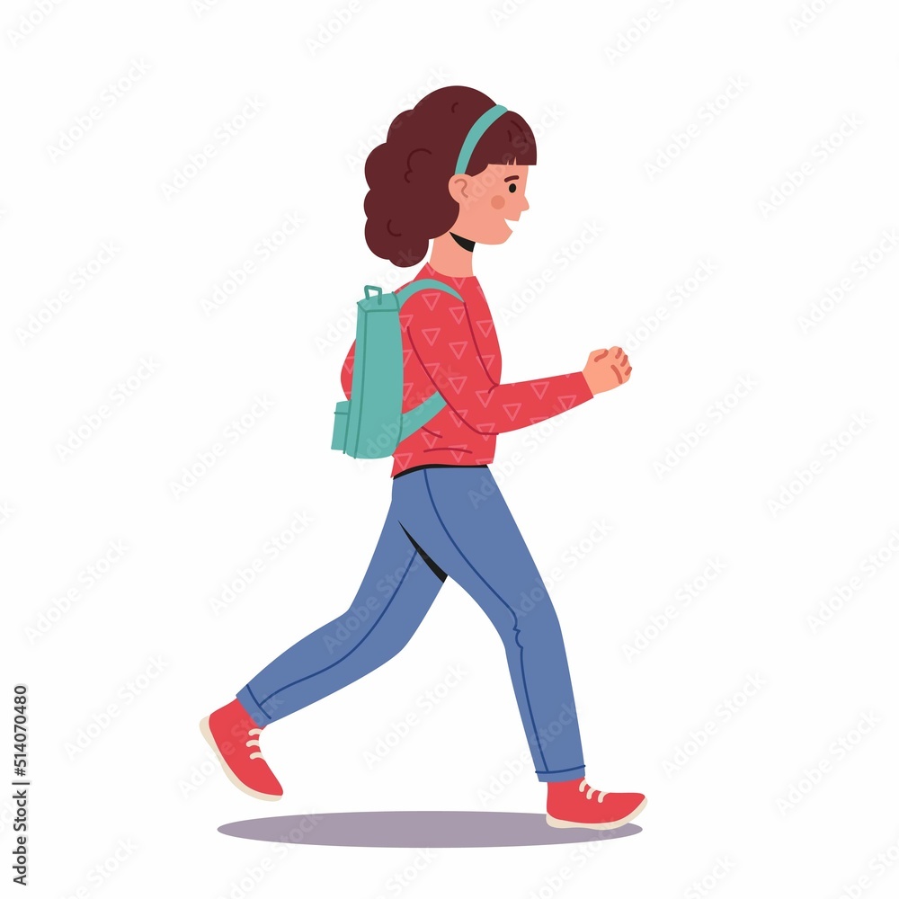 Little girl run to school. Pupil Character in Uniform and Schoolbag isolated on white. Child with backpack. Back to school. Vector illustration