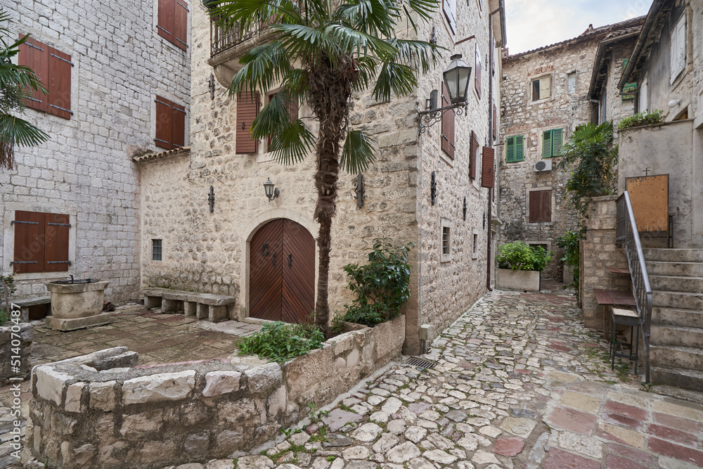 Courtyard in the old town of Kotor and stone houses