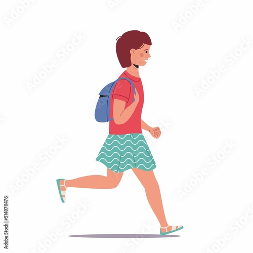 Little girl in skirt run to school. Pupil Character in Uniform and School bag isolated on white. Child with backpack. Back to school. Sport, active lifestyle. Vector illustration