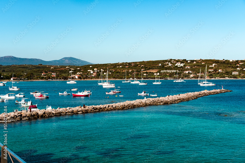 Methoni Bay view,  a lot of sailing boats on anchor, seascape, summer Greece travel concept