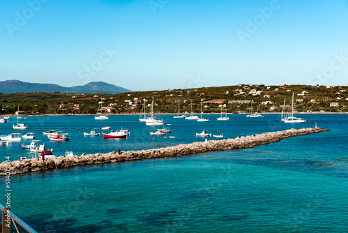 Methoni Bay view, a lot of sailing boats on anchor, seascape, summer Greece travel concept