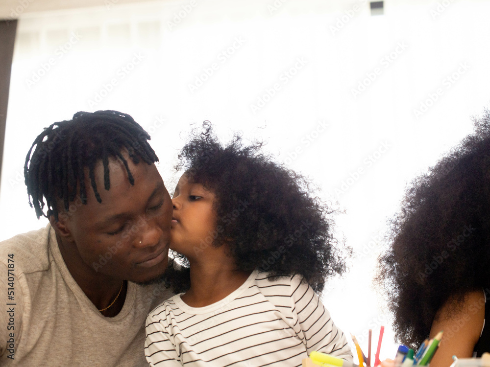 Obraz premium Family son girl baby child kid boy love hug father daddy male man parent couple black person young adult portrait indoor living room home sofa african American relationship together beautiful