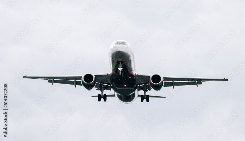 Passenger plane comes in for landing in cloudy weather. Passenger plane comes in for landing in cloudy weather.