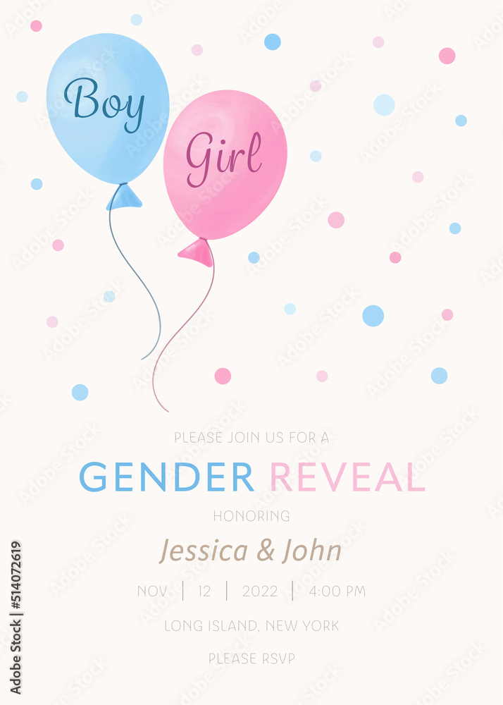 He or she. Boy or girl. Vector gender reveal party invitation template with pink and blue balloons.	
