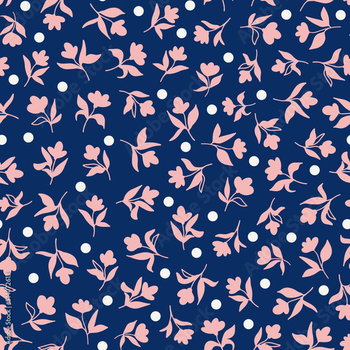 Flowers with leaves and polka dots seamless repeat pattern. Random placed  vector botanical wild flowers all over surface print on dark blue background.