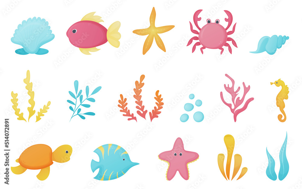 Underwater life cartoon characters set. Underwater life cartoon characters set.