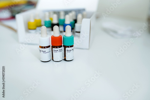 pediatrician allergy test. Allergy testing on working table in working environment of doctor of internal medicine, allergologist, general practice, pediatrician top view top-down photo photo