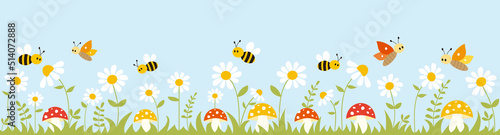 Flower garden. Panoramic background with daisies, mushrooms, bees, butterflies, plants and grass. Vector illustration.