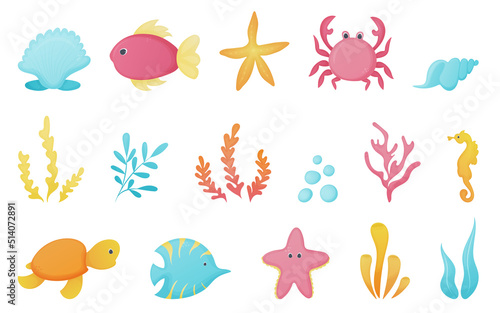 Underwater life cartoon characters set.