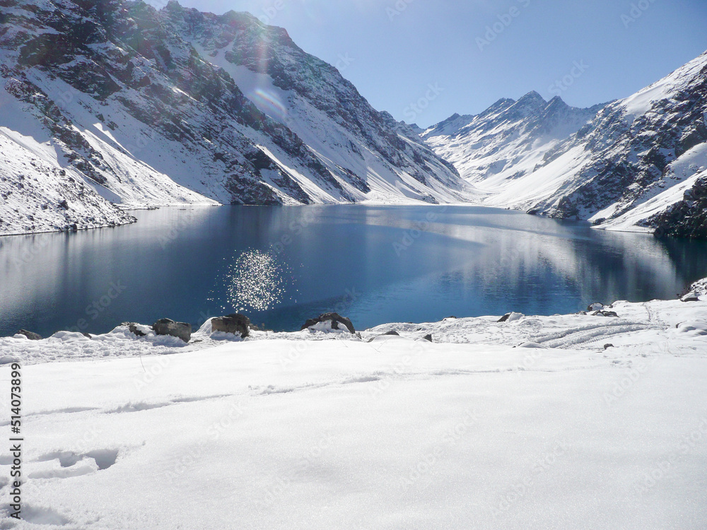 Ski in chile on a sunny day with lots of snow. South America.