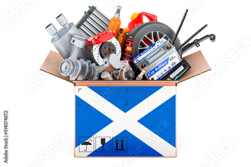 Scottish flag painted on the parcel with car parts. 3D rendering photo