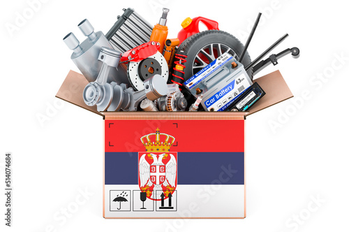 Serbian flag painted on the parcel with car parts. 3D rendering