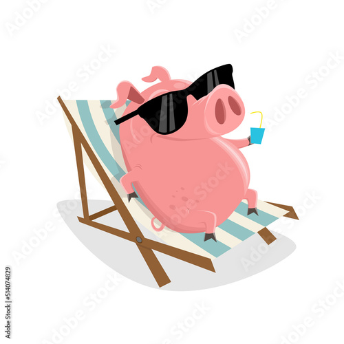 funny cartoon pig relaxing on sunbed