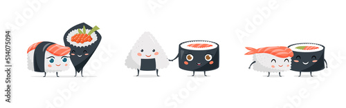 Funny Sushi concept design with sushi characters. Cute vector illustrations