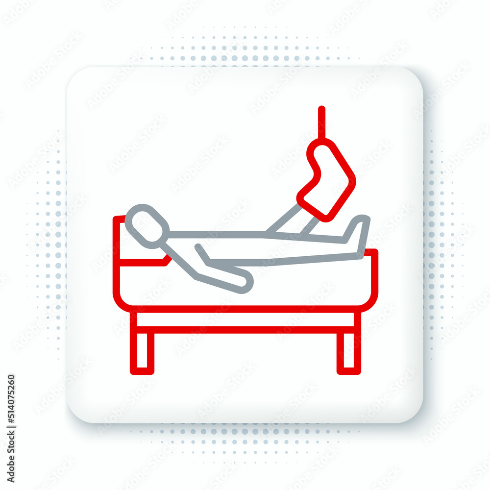 Line Patient with broken leg is in the hospital icon isolated on white background. Hospitalization of the patient. Sick man in bed. Colorful outline concept. Vector Line Patient with broken leg is in the hospital icon isolated on white background. Hospitalization of the patient. Sick man in bed. Colorful outline concept. Vector