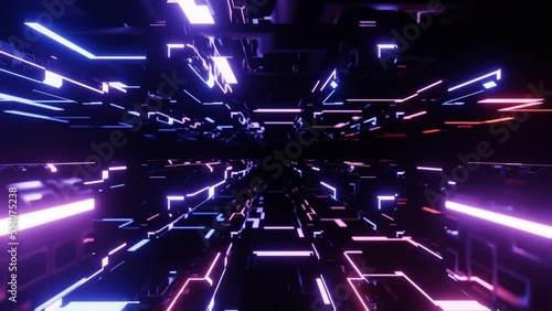 Fly through technology cyberspace with neon glow. Sci-fi flight through hi-tech technology tunnel. Hologram and neon light. 3d looped seamless 4k bright background. Data flow