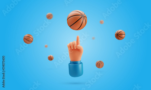 3d vector human hand spinning basket ball on the finger cartoon illustration . Basketball players arm holding ball on finger on blue background with a lot of balls.
