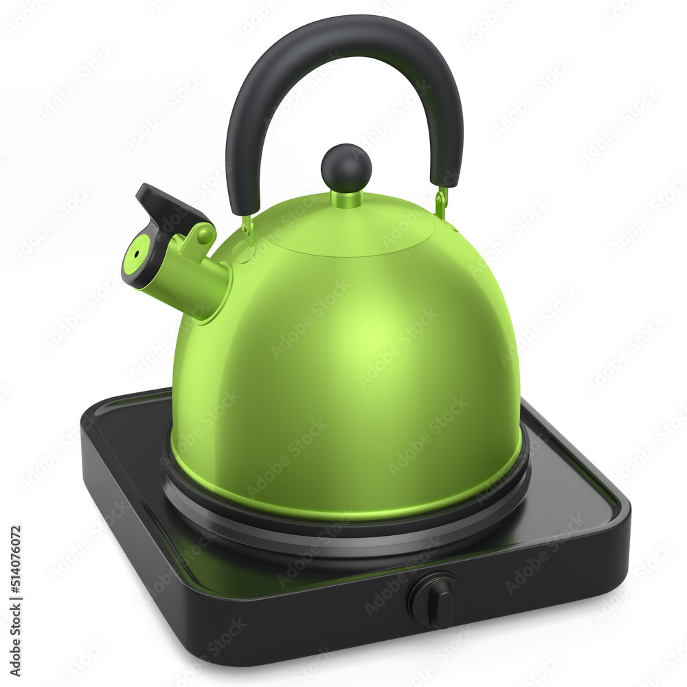 Portable camping electric stove and kettle with whistle on white background.