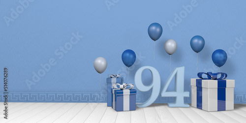 Fototapeta Naklejka Na Ścianę i Meble -  Light blue number 94 among blue and white gift boxes adorned with balloons on white wood floor with pastel blue wall background. 3D Illustration