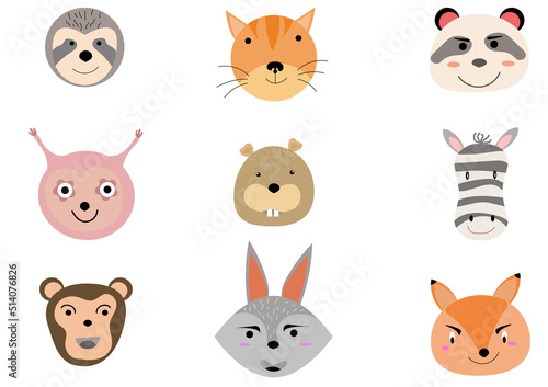 Set of animal heads collection.Characters portrait cute animal faces on white background.portraits, Emoji funny animal, Logo, sticker,Kawaii,Vector Funny cartoon and animal heads concept.
