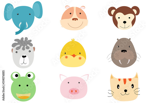 Set of animal heads collection.Characters portrait cute animal faces on white background.portraits,
Emoji funny animal, Logo, sticker,Kawaii,Vector Funny cartoon and animal heads concept.