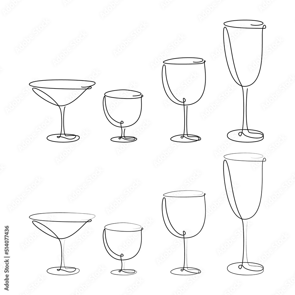 A set of glasses in one line, a glass of champagne in one line, a martini glass, wine in one line A set of glasses in one line, a glass of champagne in one line, a martini glass, wine in one line