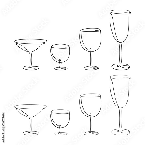 A set of glasses in one line, a glass of champagne in one line, a martini glass, wine in one line