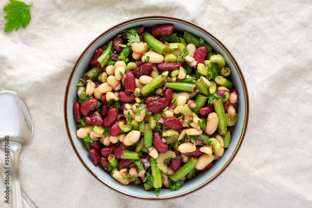 Homemade Three Bean Salad in a Bowl, top view. Flat lay, overhead, from above. Homemade Three Bean Salad in a Bowl, top view. Flat lay, overhead, from above.